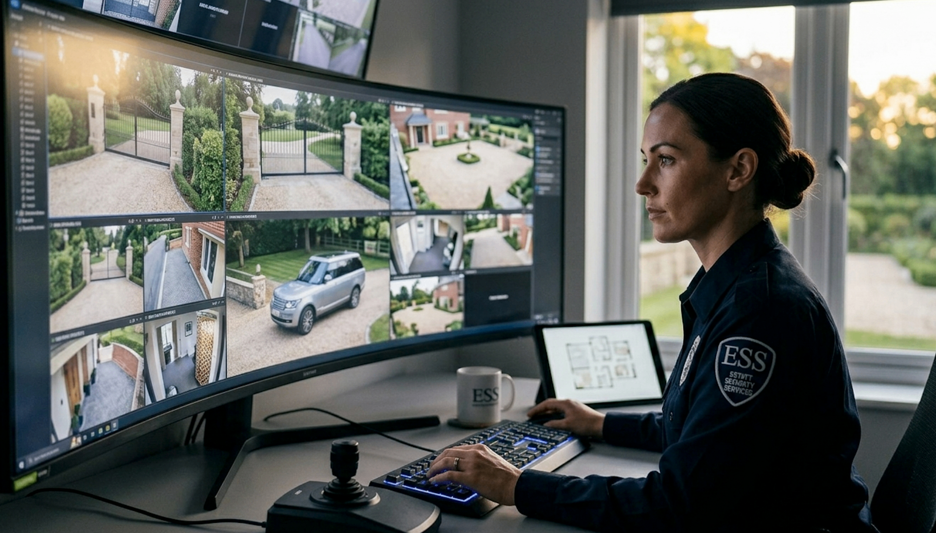 ESS operator monitoring estate surveillance from command center