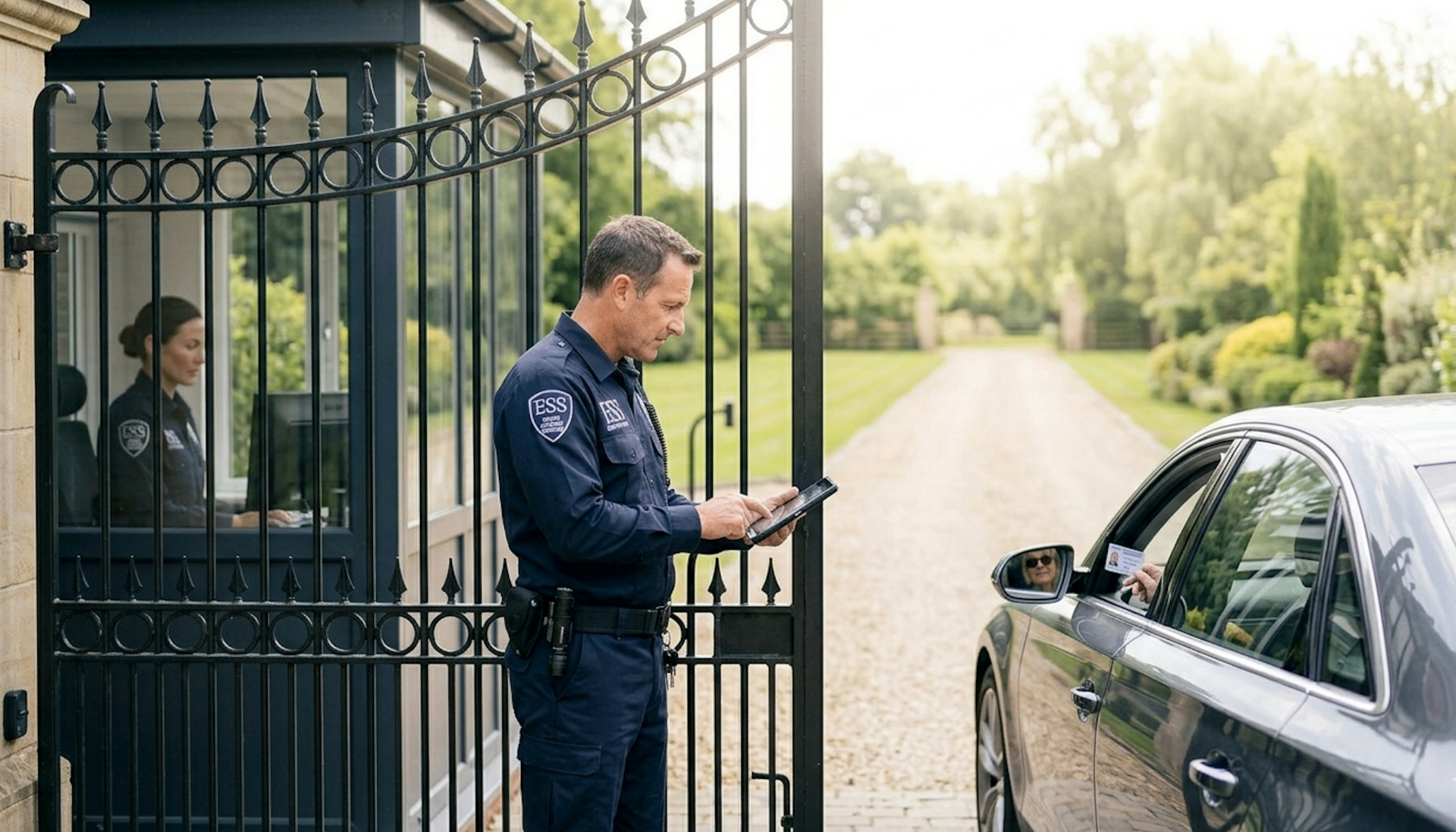 ESS officer verifying credentials at estate gate